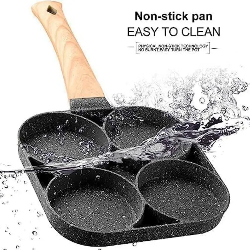 Padella Antiaderente a 4 Scomparti in Alluminio con Rivestimento Effetto Pietra e Manico in Legno – Compatibile con Induzione e Fornelli, Facile da Pulire, Ideale per Uova, Omelette e Colazione