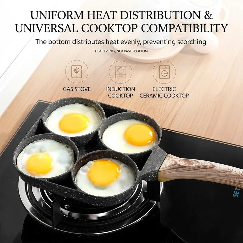 Padella Antiaderente a 4 Scomparti in Alluminio con Rivestimento Effetto Pietra e Manico in Legno – Compatibile con Induzione e Fornelli, Facile da Pulire, Ideale per Uova, Omelette e Colazione