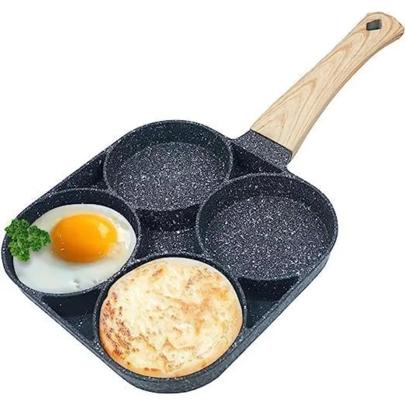 Padella Antiaderente a 4 Scomparti in Alluminio con Rivestimento Effetto Pietra e Manico in Legno – Compatibile con Induzione e Fornelli, Facile da Pulire, Ideale per Uova, Omelette e Colazione