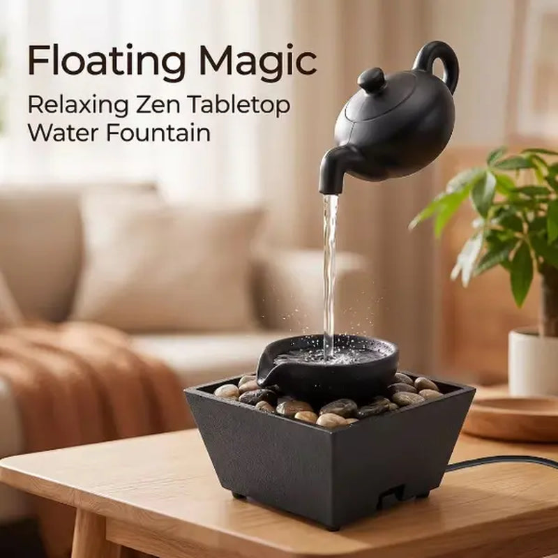 Fontana Zen da Tavolo con Teiera Sospesa – Effetto Fluttuante, Compatta e Rilassante, Decorazione per Casa e Giardino