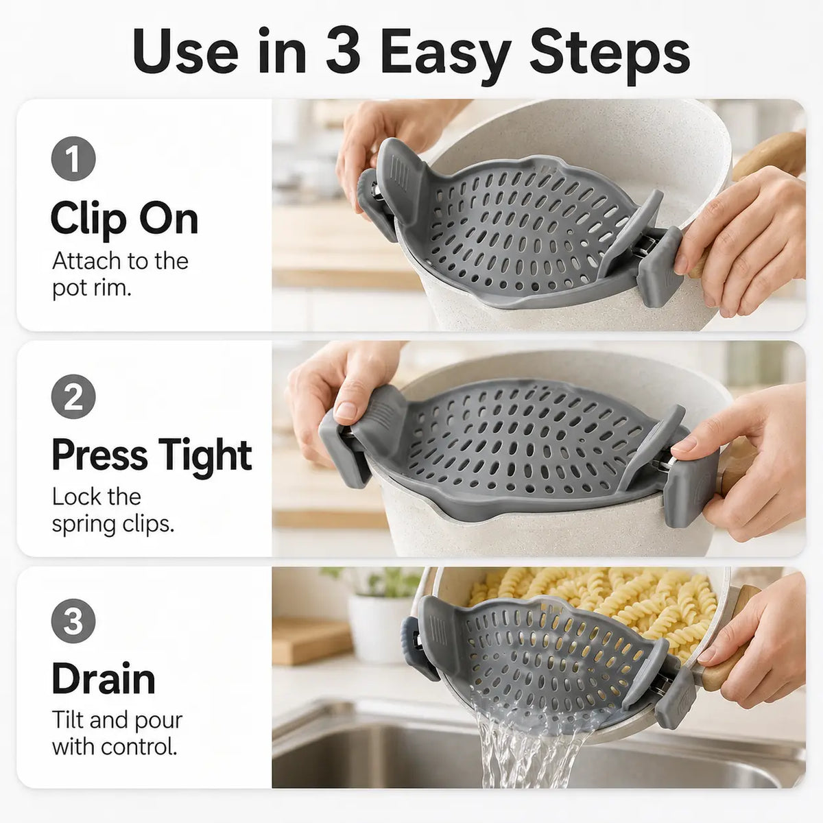 Scolapasta Universale in Silicone con Clip – Scola Pasta e Verdure Direttamente dalla Pentola